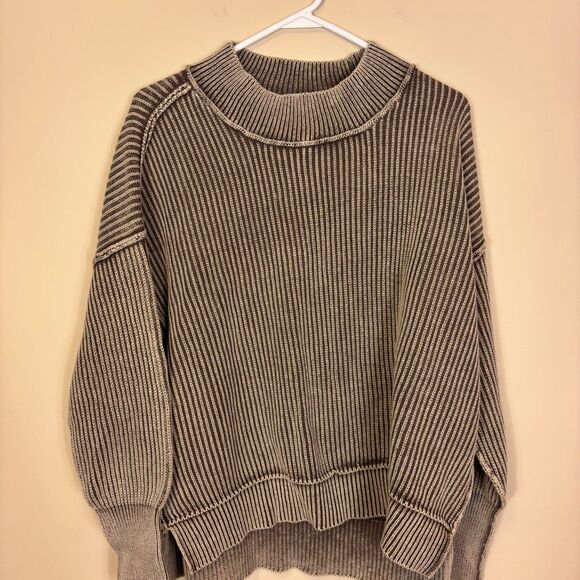 New Zenana Brown Ribbed Mock Neck Pullover Sweater S/M - Picture 3 of 6